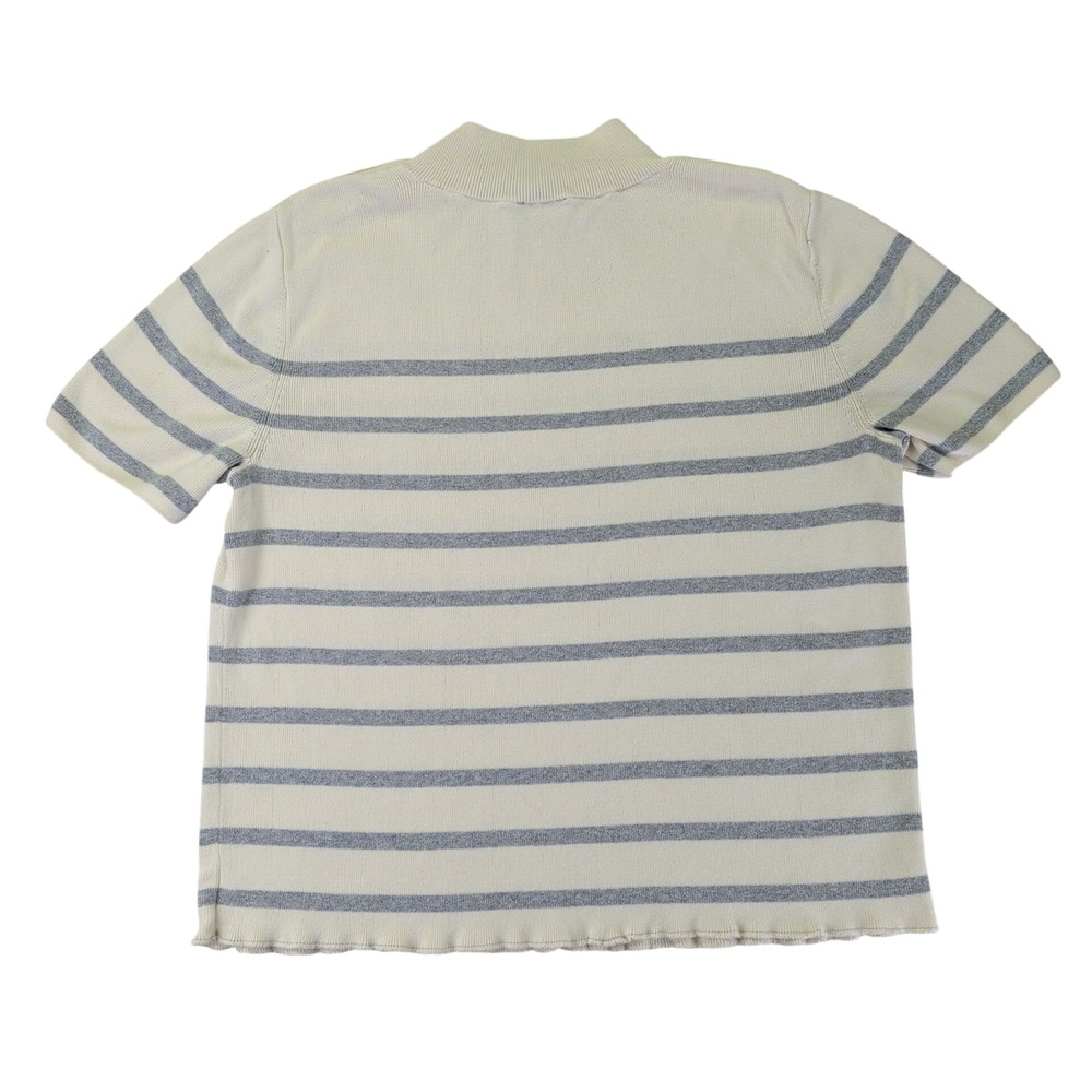 Talbots Womens Medium Striped Mock Neck Short Sleeve Sweater Silver Button Cream - Picture 2 of 9